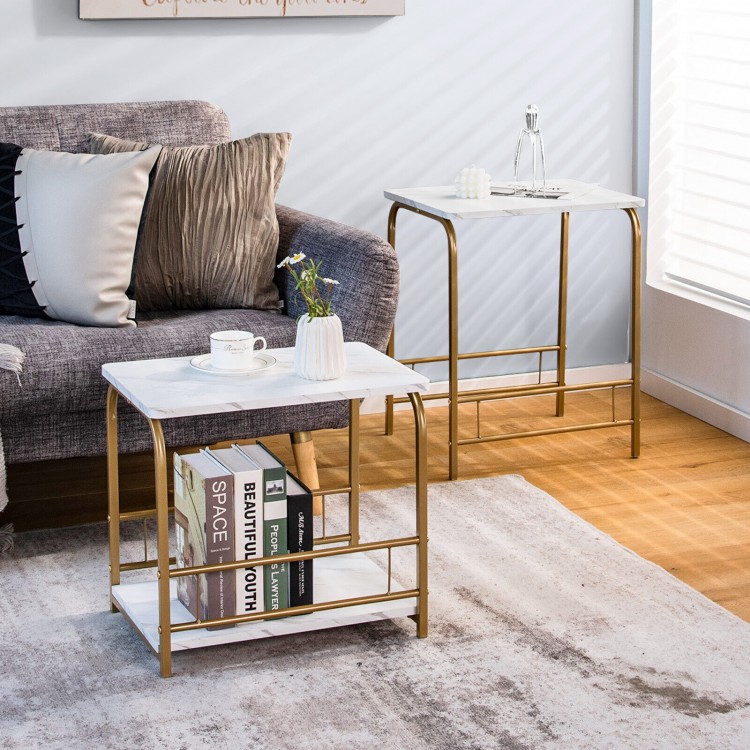 Faux marble nesting tables in white with gold steel frames, perfect for small spaces and versatile use in any room.